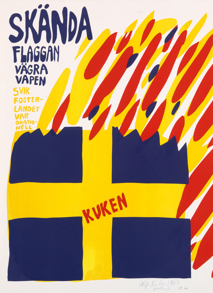 A painting of a Swedish flag burning, the paitning reads (in Swedish): "Defile the flag, refuse weapons, betray the homeland, be non-national" and "the dick"