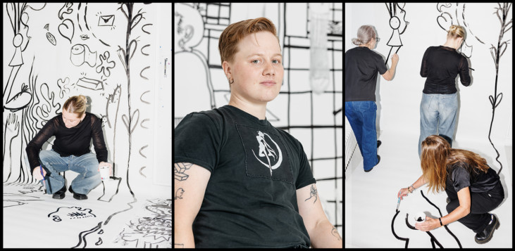 A set of three photographs: two show people painting with black color on white walls and floors, the third a portrait of artist Edith Hammar